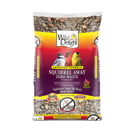 Wild Delight Squirrel Away Zero Waste Blend 5 lbs. bag, featuring chili pepper seasoning, designed to attract birds and repel squirrels, with visible bird images on packaging.