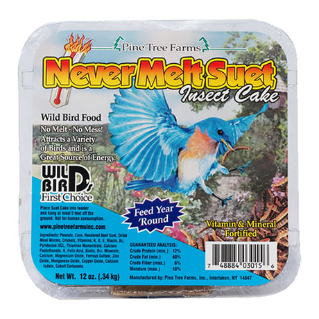Package of Pine Tree Farms Never Melt Insect Suet, 12 Cakes, featuring a blue bird image, bar code, and product details.