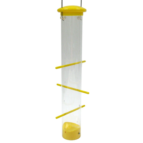 Upside Down Finch Feeder with six feeding ports on a durable polycarbonate tube, designed for finches to feed upside down, holding 1-1/4 lbs. of Nyjer® seed.