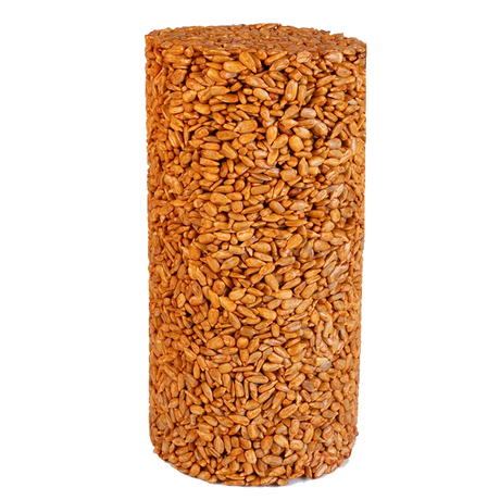 Sizzling Hearts Seed Cylinder Small, a large container of sunflower seeds, ideal for attracting birds and deterring squirrels with its capsaicin-infused, mess-free design.